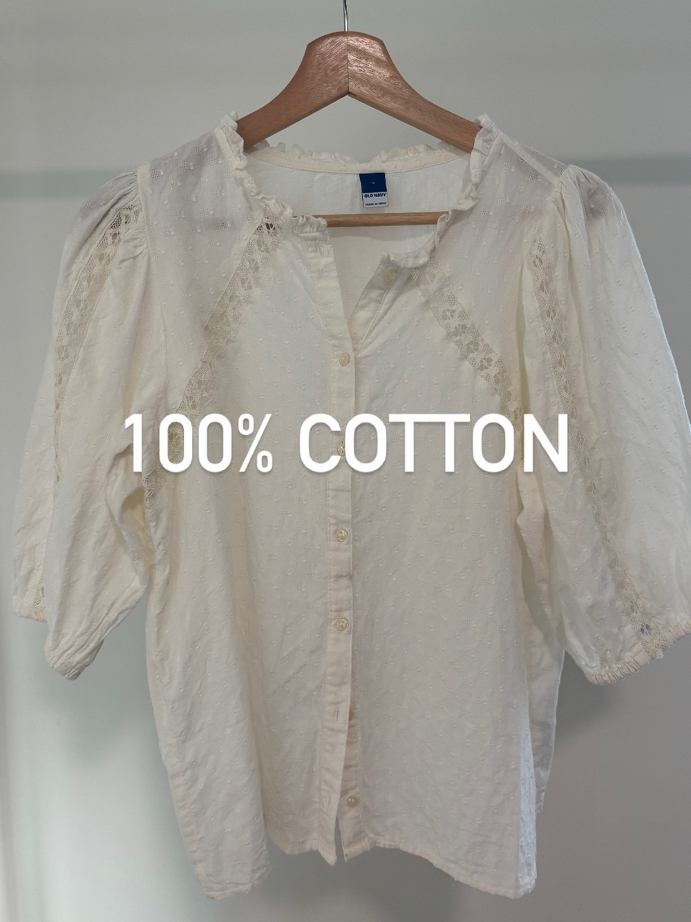 Old Navy Cream Button-Front Cotton Blouse with Lace Insets | 100% cotton